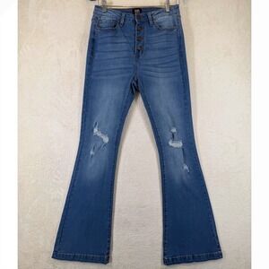 Simple Society High Rise Flare Distressed Jeans Medium Wash Button Fly 9/29